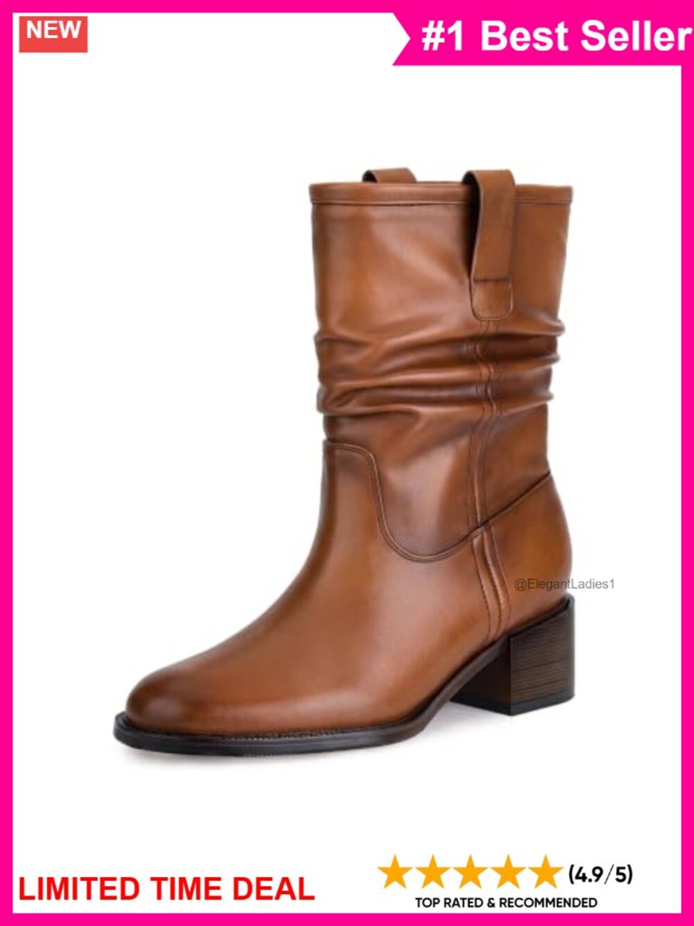 Mid Calf Fold Over Slouchy Boots Chunky Heel Faux Leather Pull On